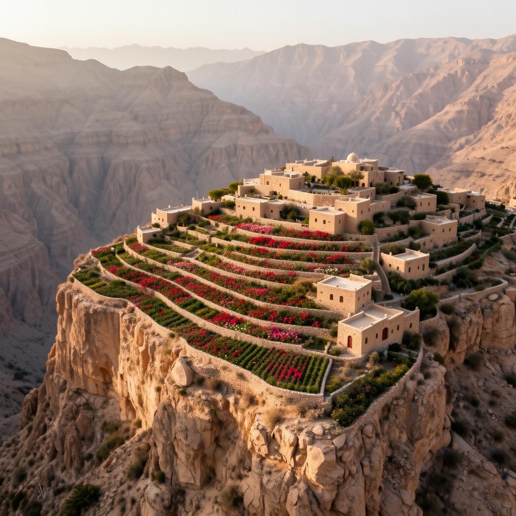 Aerial view of Jabal Akhdar terraced orchards and villages